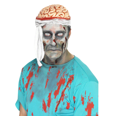 Brain hat with bloody bandages