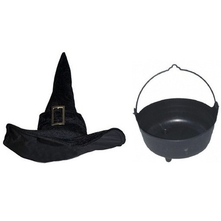 Witches accessories set velvet hat with kettle 37 cm for women