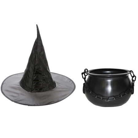 Witches accessories set hat with kettle 24 cm for girls